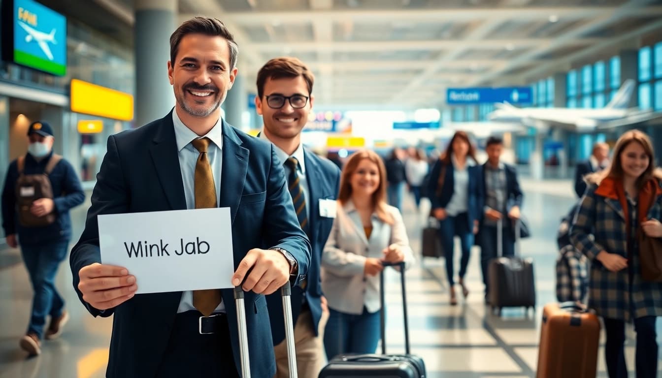 Minicabs driver welcoming family at the airport terminal, highlighting service and professionalism.