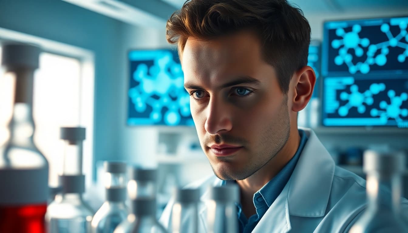 Scientist analyzing peptides in a UK lab environment with high-tech equipment.