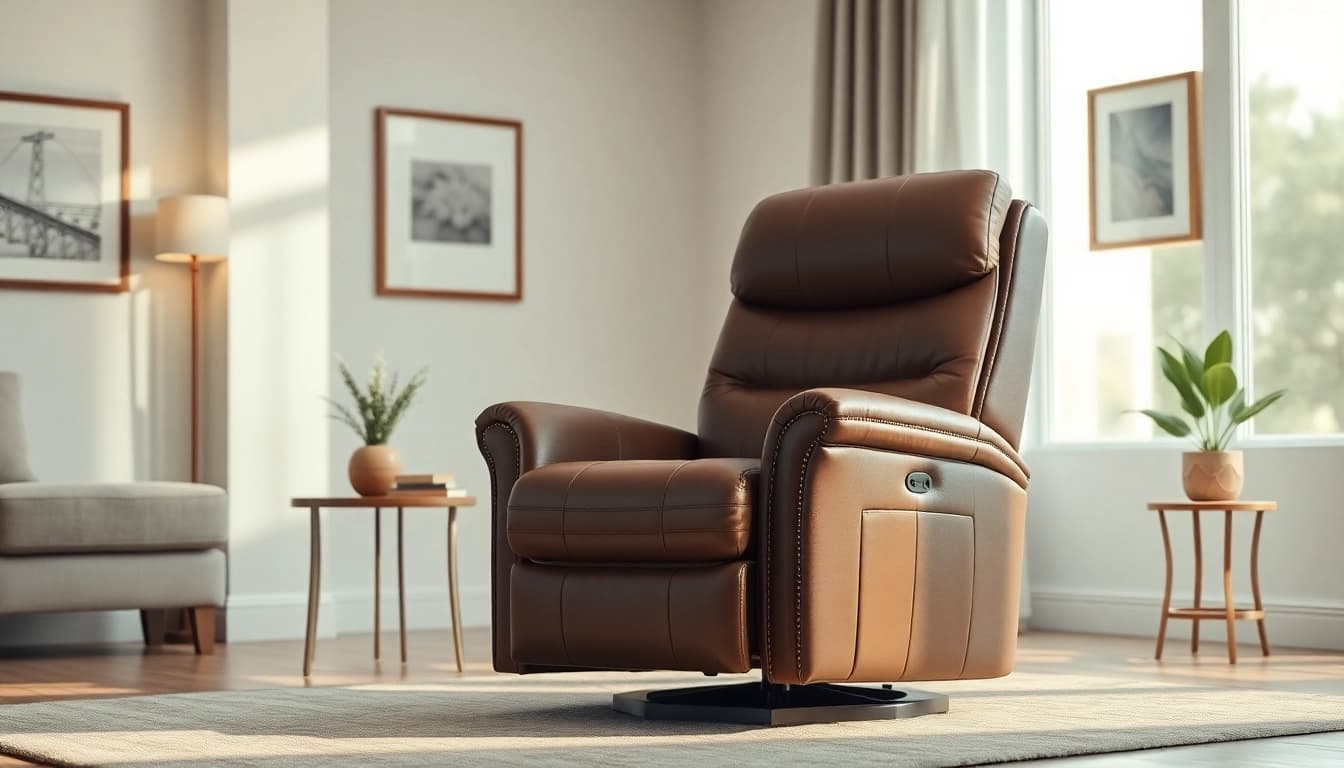 Relaxing in a stylish leather lift chair, showcasing its elegance and comfort.