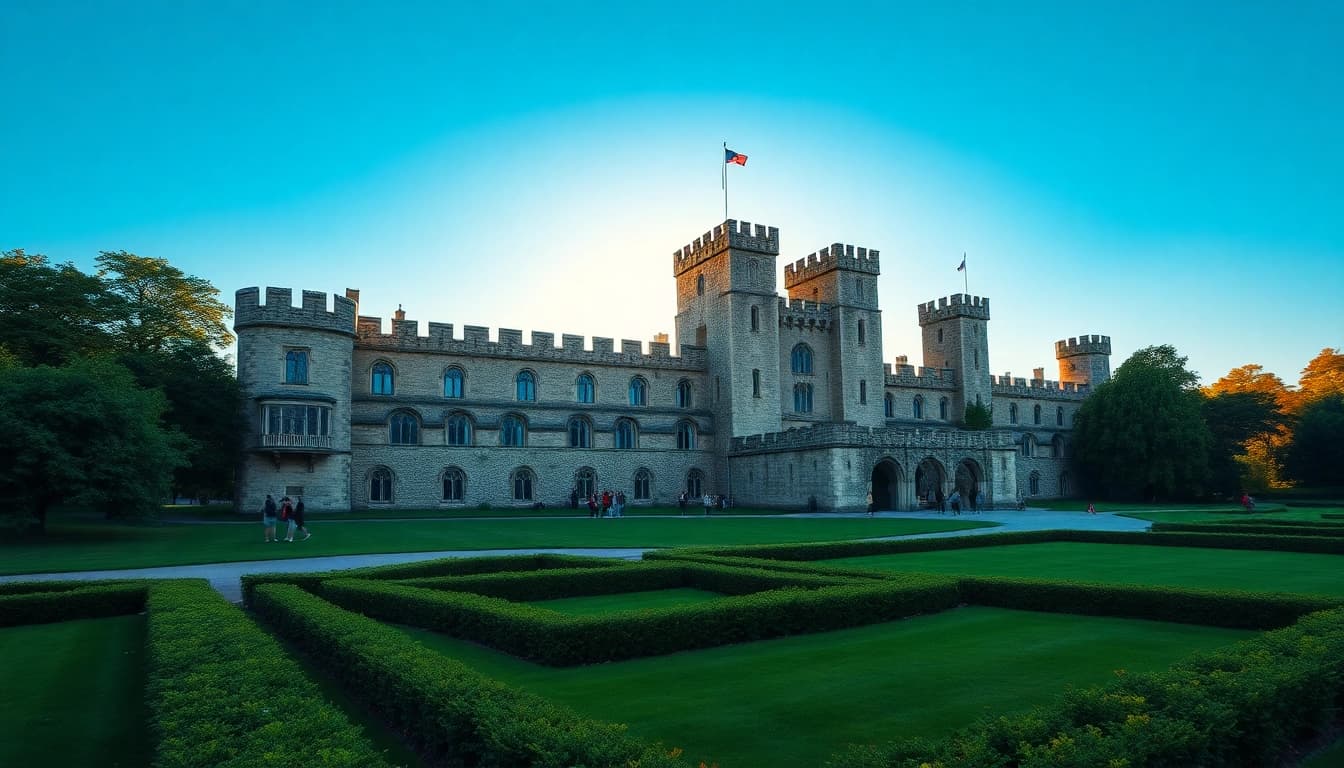 Discover Windsor Castle's beauty with lush gardens and visitors exploring the majestic grounds.