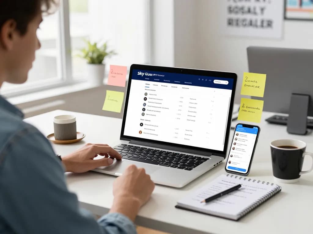 Sky Glass IPTV Reseller Panel desktop scene highlighting an entrepreneur managing subscriptions with engaging tools in a bright workspace.
