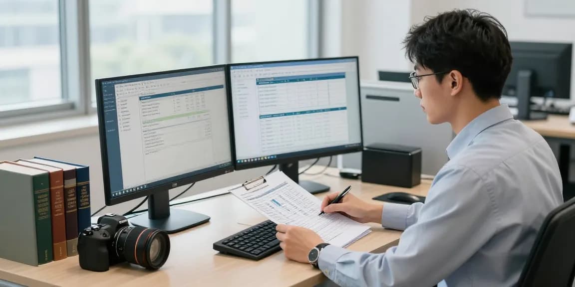 Forensic auditor at aafikotatangerangselatan.org analyzing financial data in a modern office.