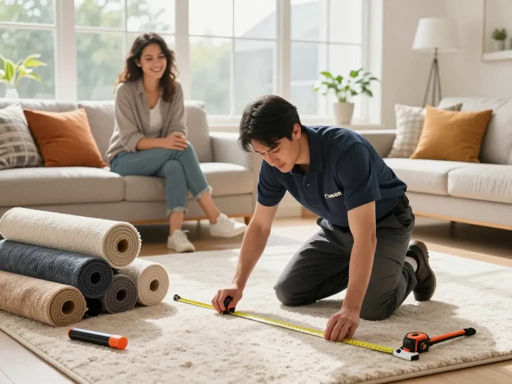 Carpet fitters near me measuring living room for installation with tools and colorful options.