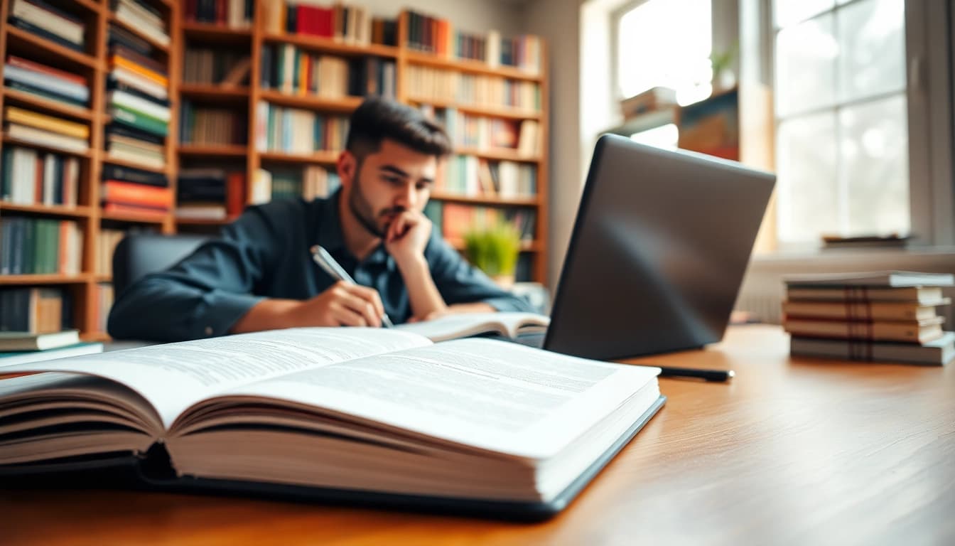 Engaging scene of a student utilizing exam assistance services, studying with notes and a laptop.
