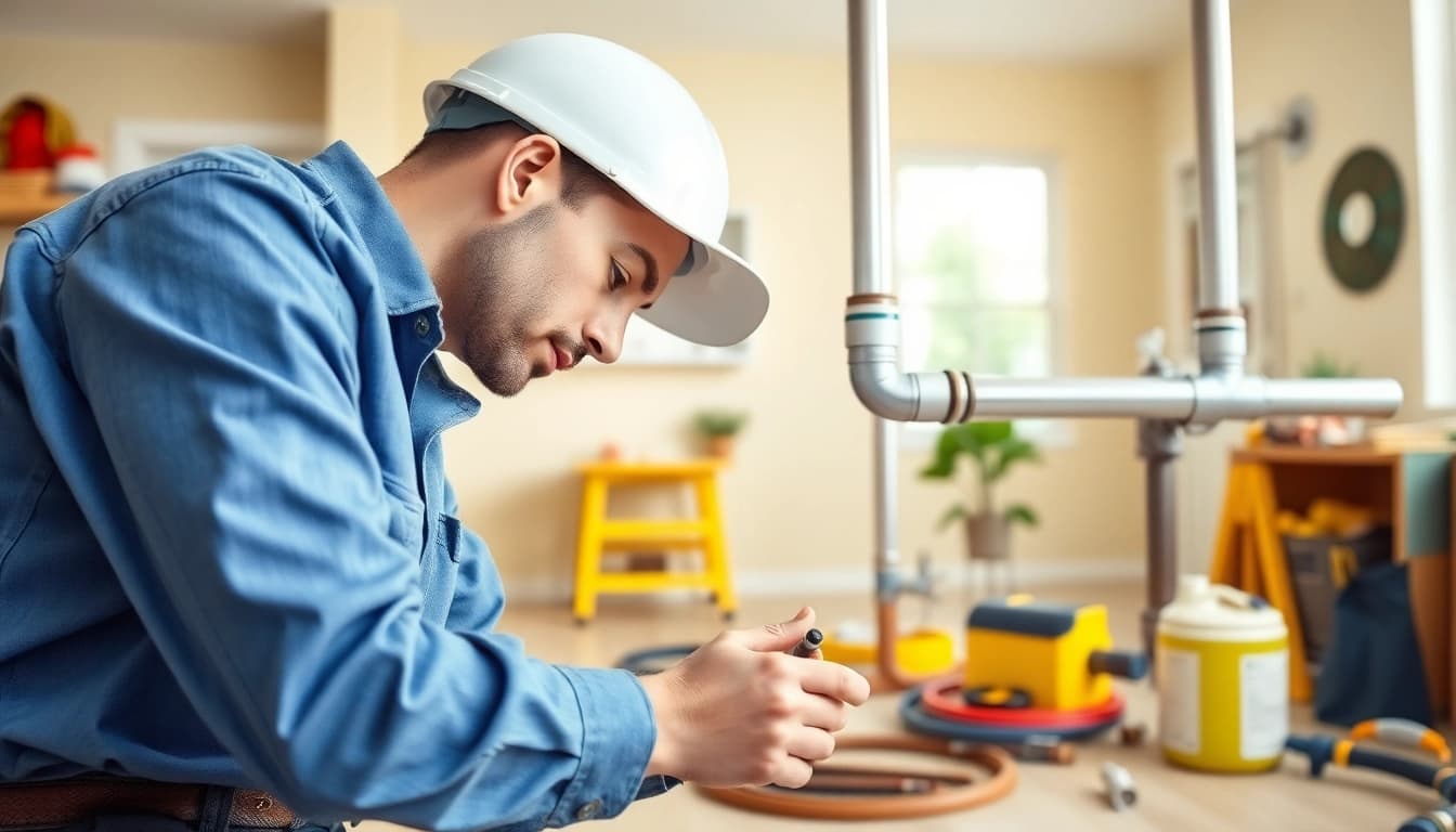Technician performing whole house repiping services Tampa in a well-organized home.