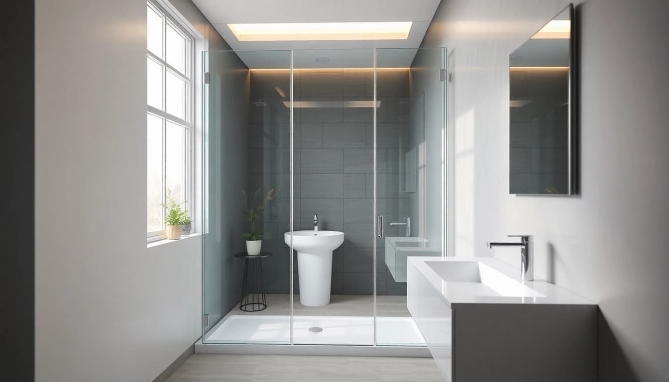 Elegant corner shower screen frameless enhancing a modern bathroom's aesthetic.