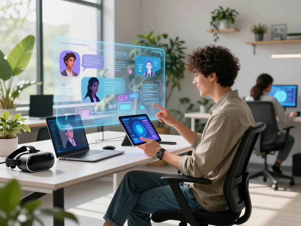 Person engaging with spicy AI characters on a tablet in a dynamic office setting.