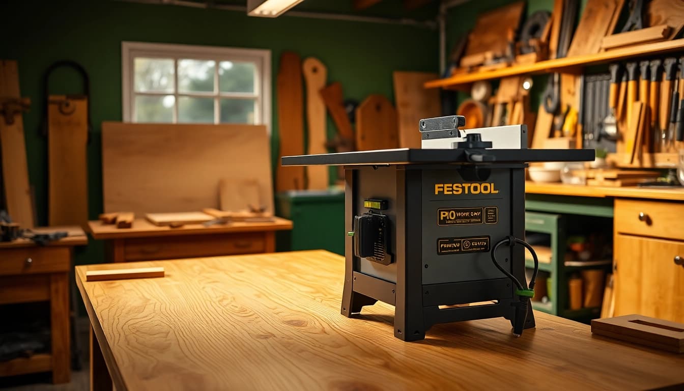 The Festool table saw expertly cuts through high-quality wood, showcasing precise craftsmanship in a professional workshop.