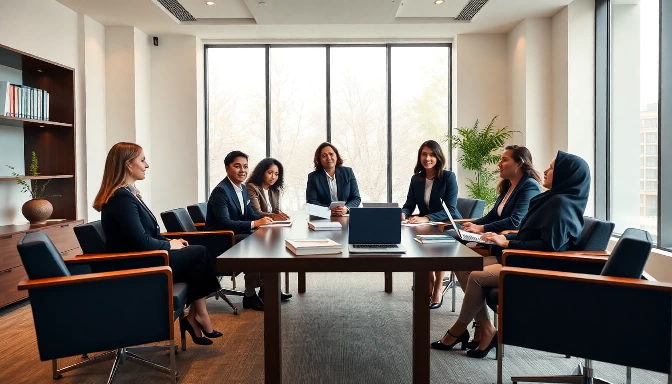 Professional team at a US immigration law firm discussing cases in a modern office setting.