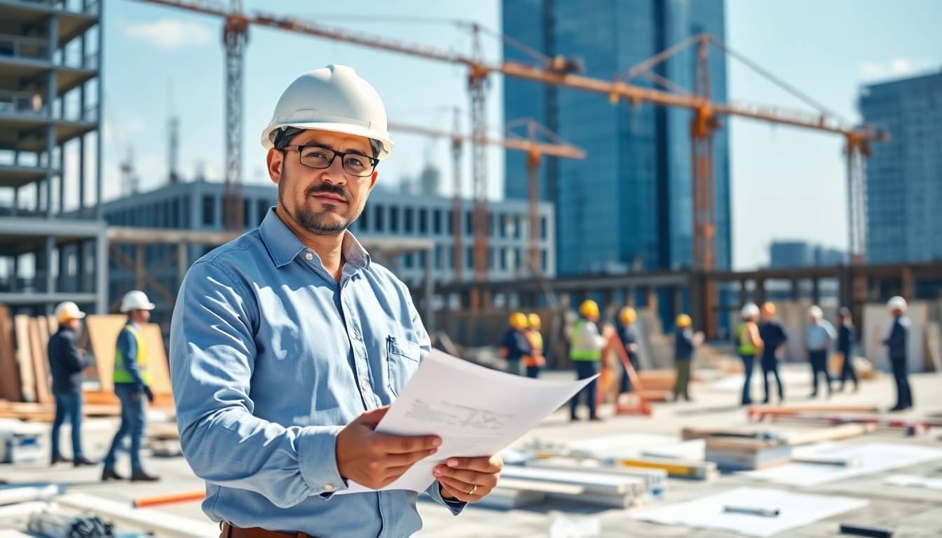 New York Commercial General Contractor supervising a modern construction site with a collaborative team and blueprints.
