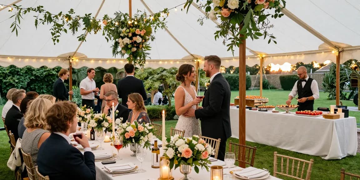 Outdoor wedding reception with marquee hire London showcasing elegant decorations and joyful guests.