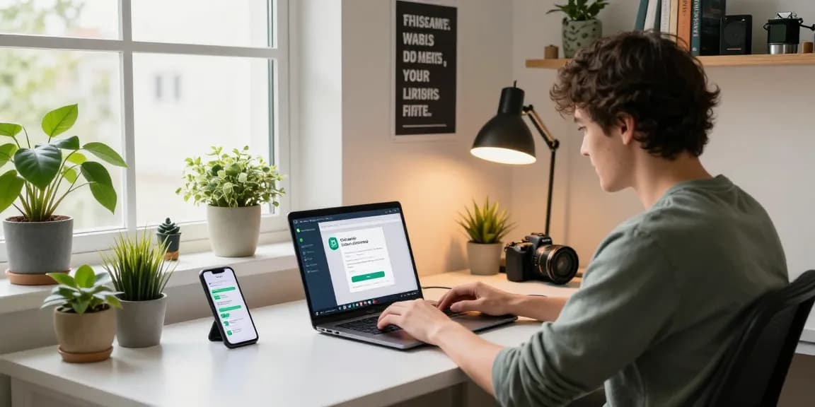 Developer using the gb whatsapp app in a modern home office setup with laptop and smartphone.