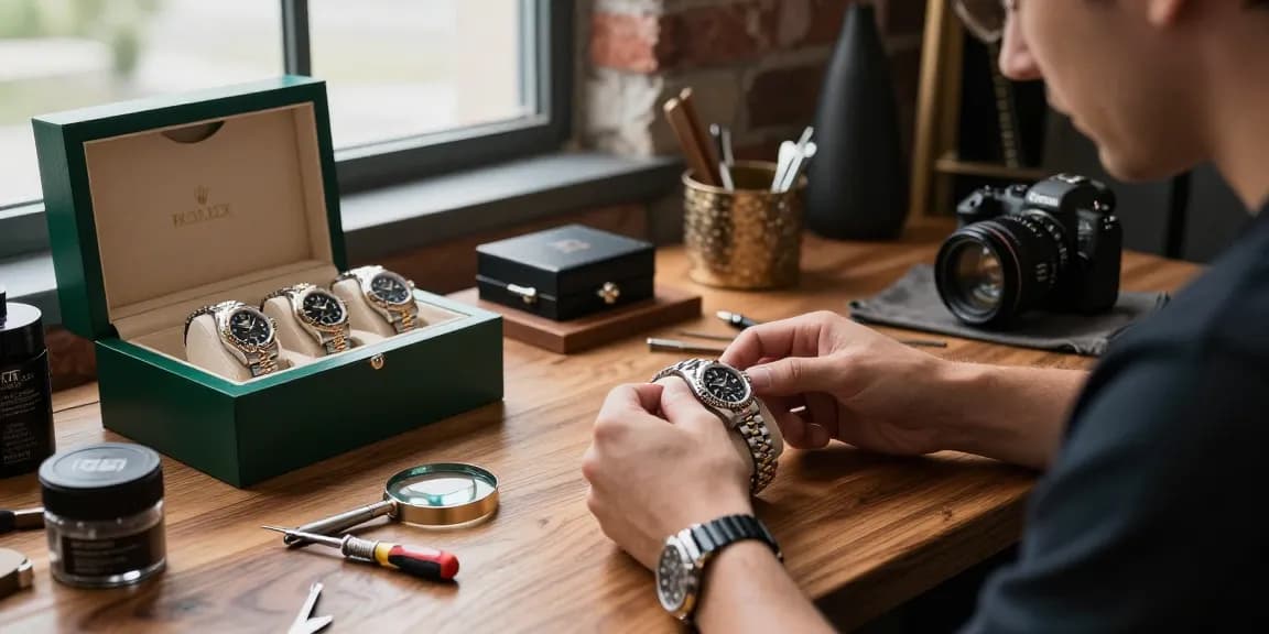 Discovering a high-quality rolex replica on a wooden table surrounded by watch tools and an elegant box, emphasizing luxury and craftsmanship.
