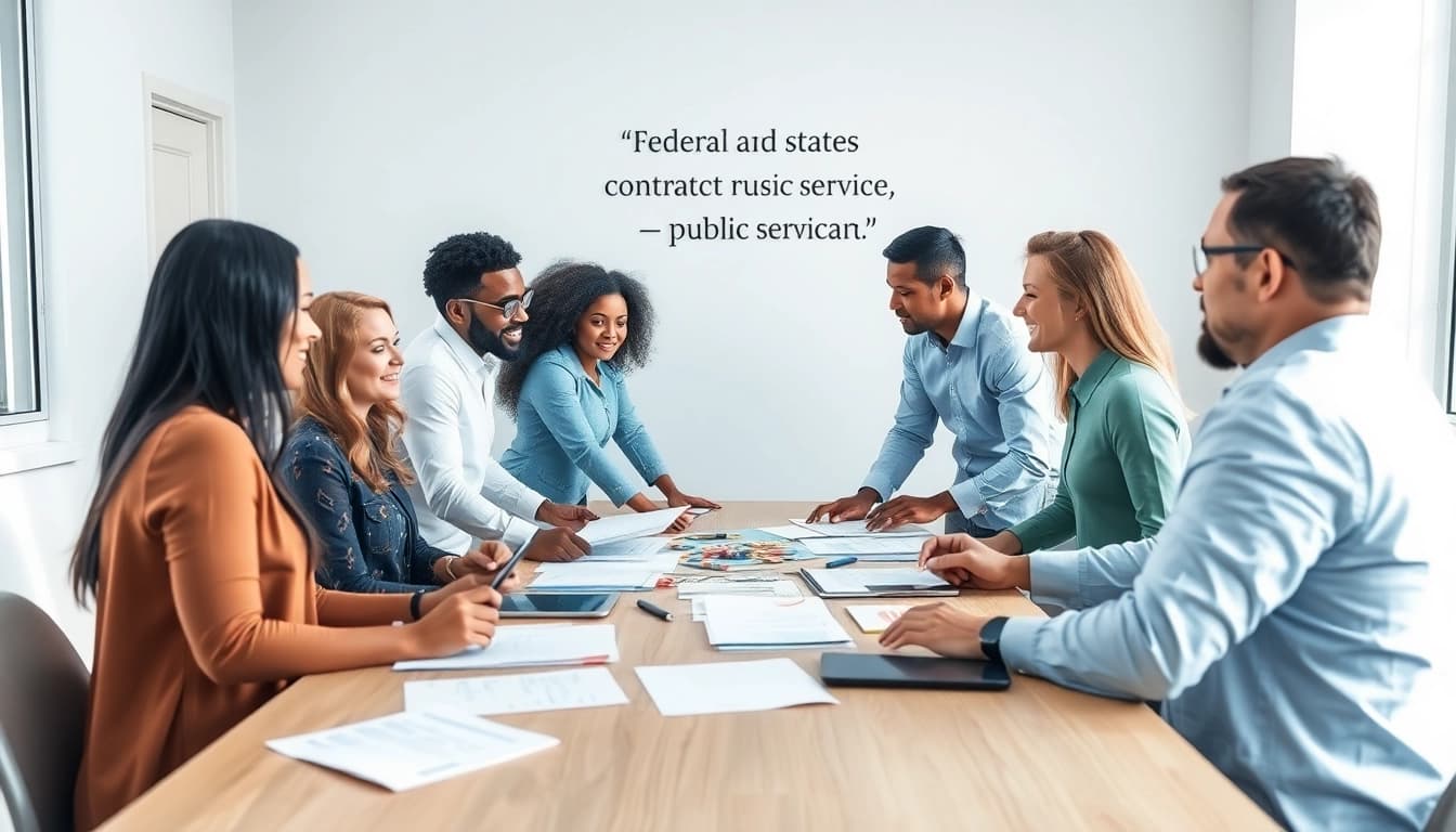 Collaborative discussion on federal and state contracts and grants by diverse professionals in a bright office.