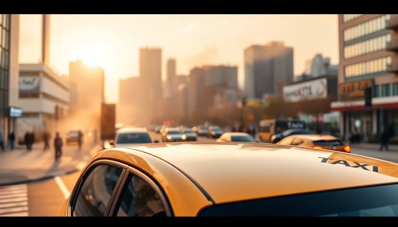 Taxi Nottingham to Birmingham Airport offering a sleek ride against a vibrant city backdrop.
