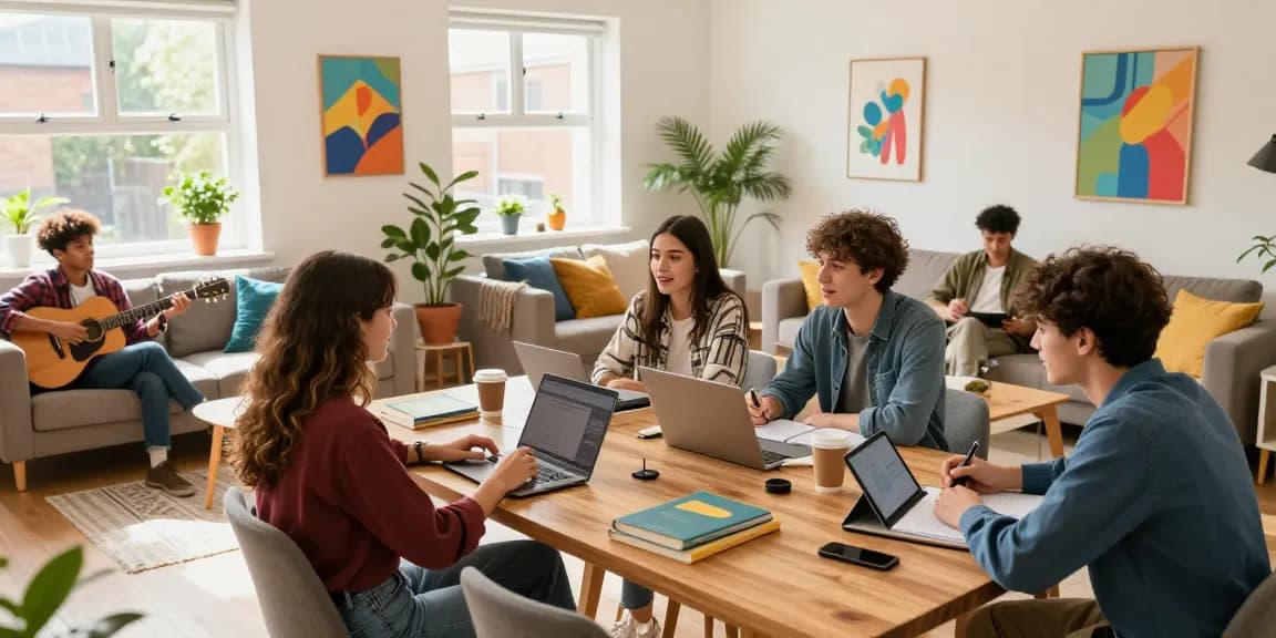 Students collaborating in a stylish Northampton student accommodation with all bills included, showcasing modern living.
