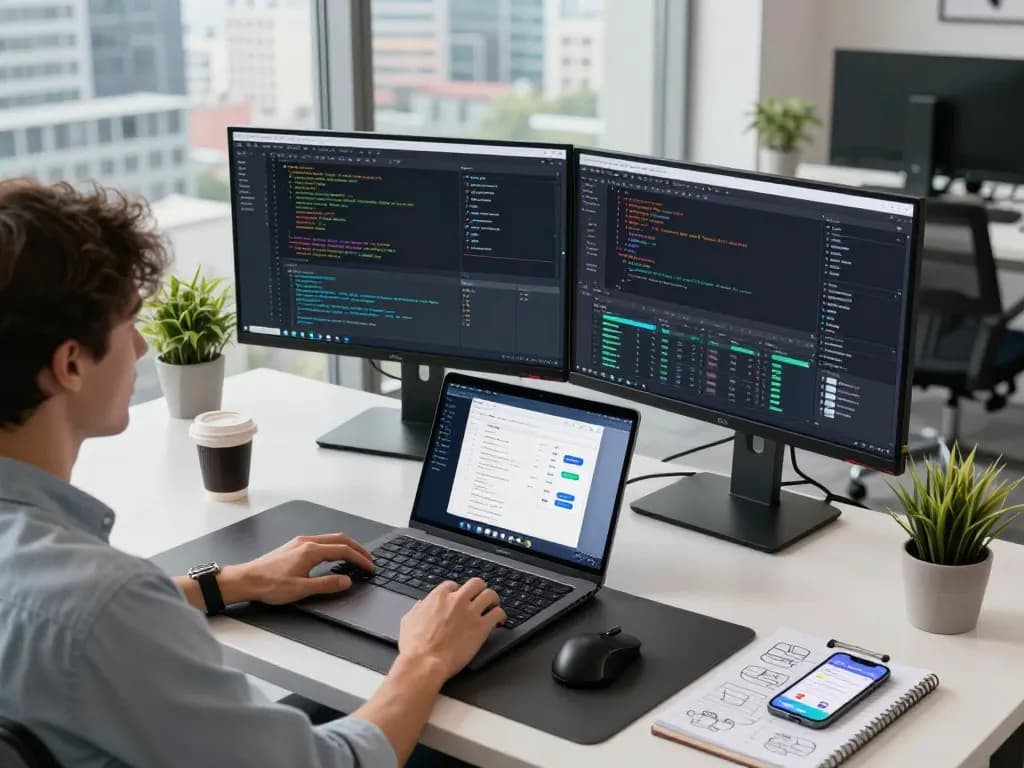 Developer interacting with dual monitors showcasing coding and task automation via clawdbot in a modern office environment.