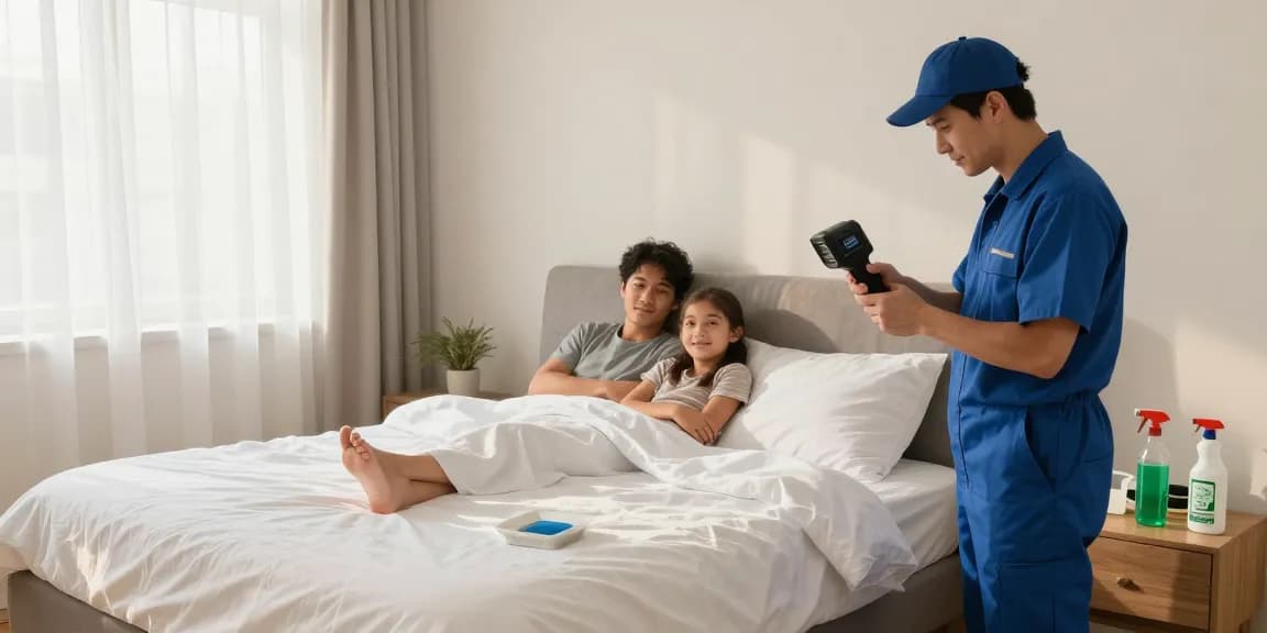 Bed bug treatment process in a cozy bedroom with a pest control expert ensuring a pest-free environment.