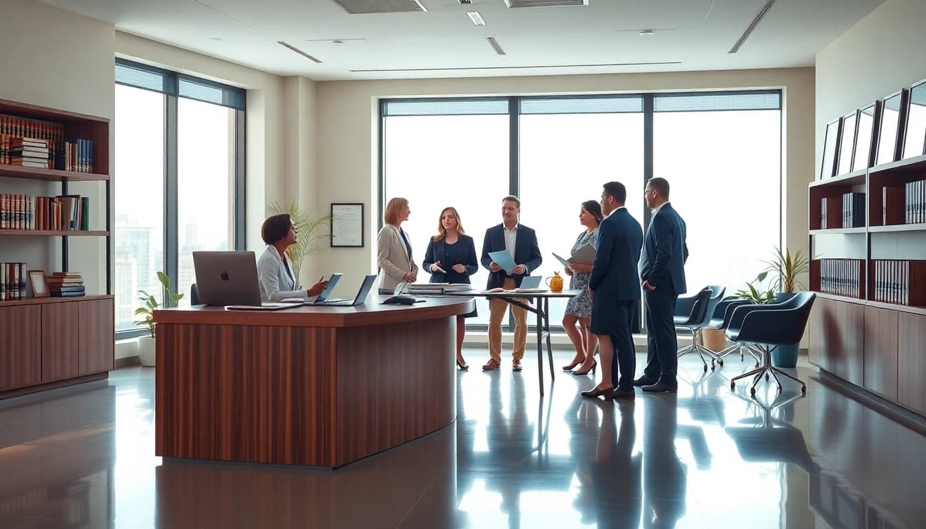 Professional team at a US immigration law firm discussing legal cases in a modern office.