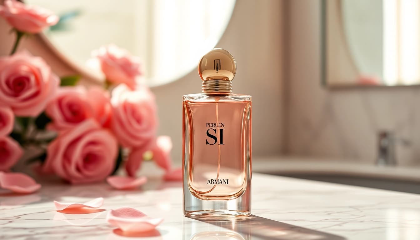 Showcasing Armani si perfume bottle surrounded by rose petals and soft sunlight.