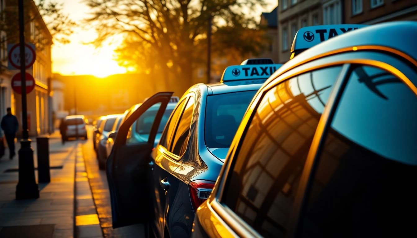 Take a ride in vibrant cabs welcoming customers in a bustling Thames Ditton street setting.