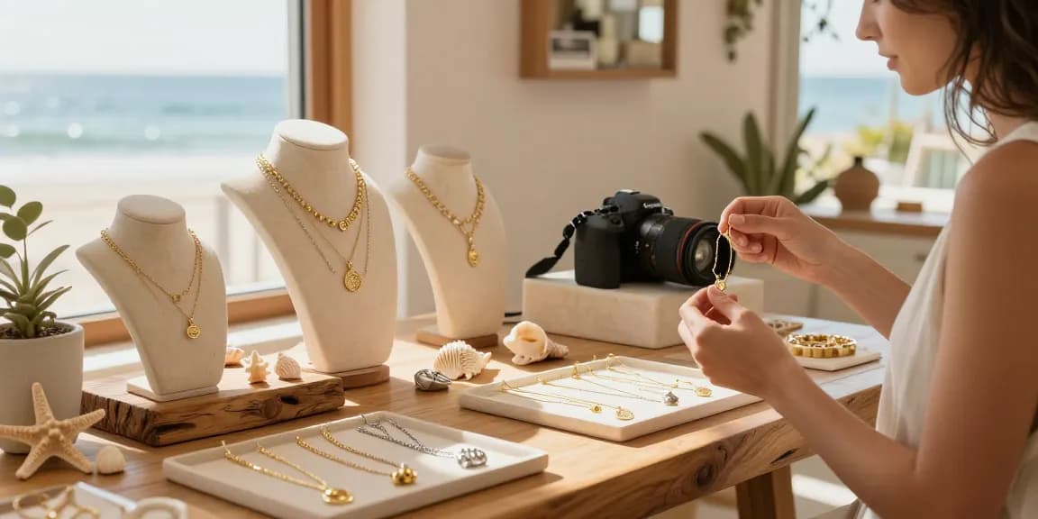 Coastal-inspired boutique showcasing ethical jewellery London collection with glimmering gold and silver pieces