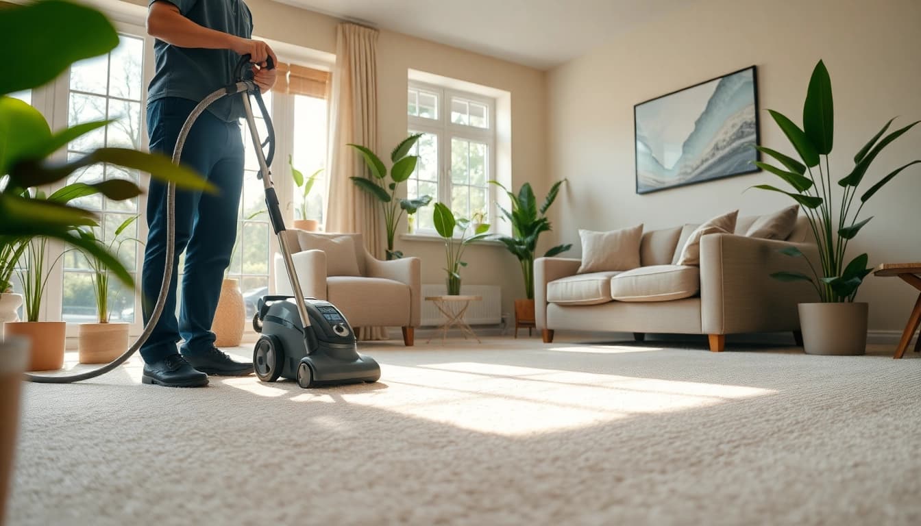 Experience exceptional Carpet cleaning services in Glasgow with our expert technician revitalizing a plush living room.