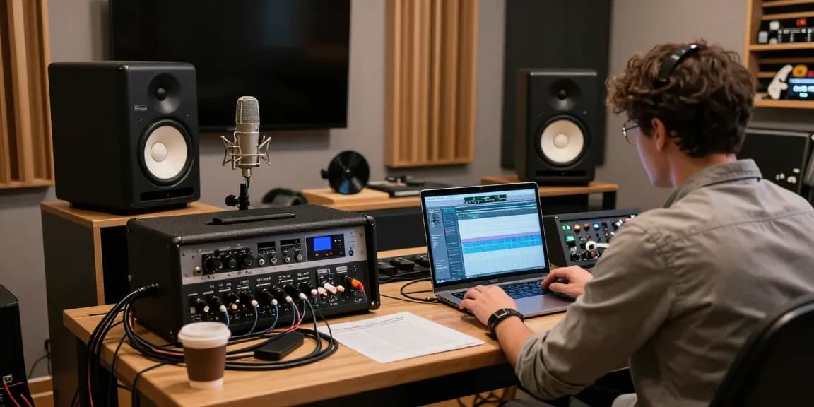 Nuforce IA-18 amplifier being adjusted in modern audio studio setting, capturing audio engineering details.