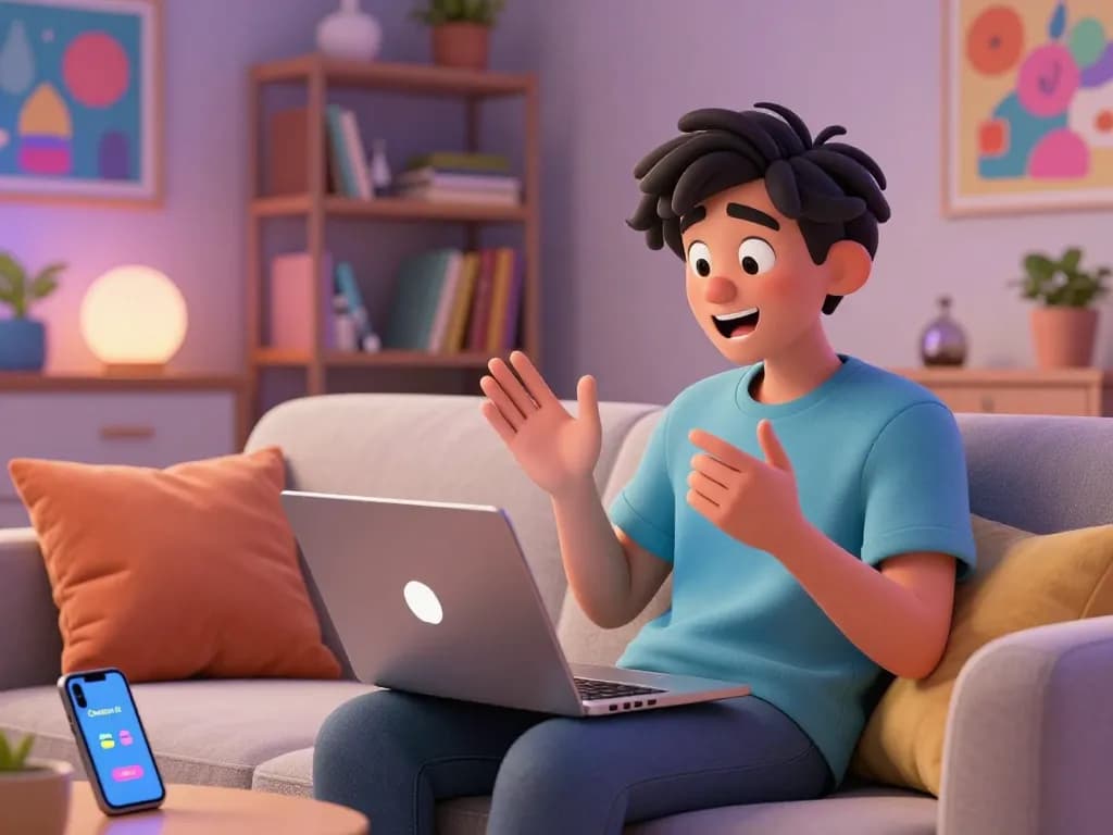 Engaged user having an emotional conversation with an nsfw ai character in a cozy space, showcasing interactive AI technology.
