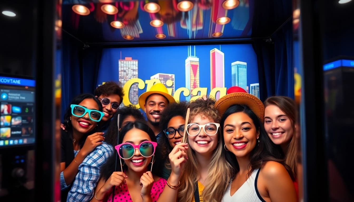 Fun group capturing memories in a photo booth rental chicago with festive props at an event.