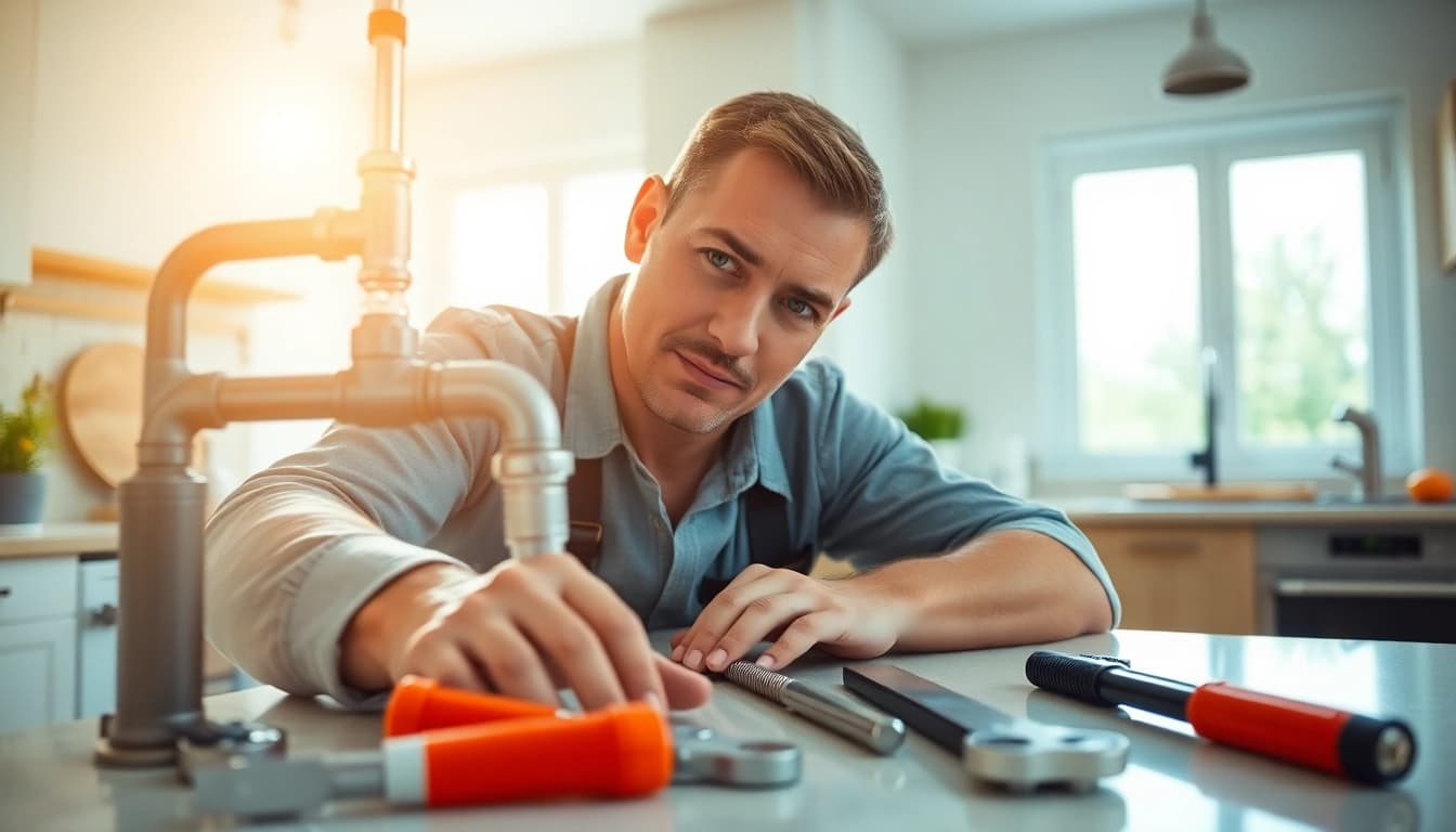 Find a qualified plumber near me fixing pipes in a well-lit kitchen setting.