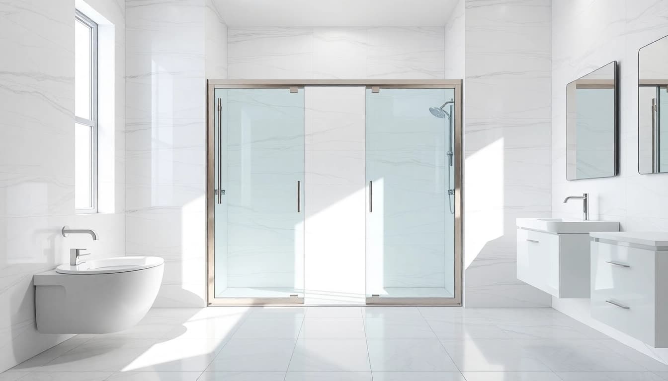Showcasing sleek shower sliding doors in a modern bathroom setting with a stylish ambiance.