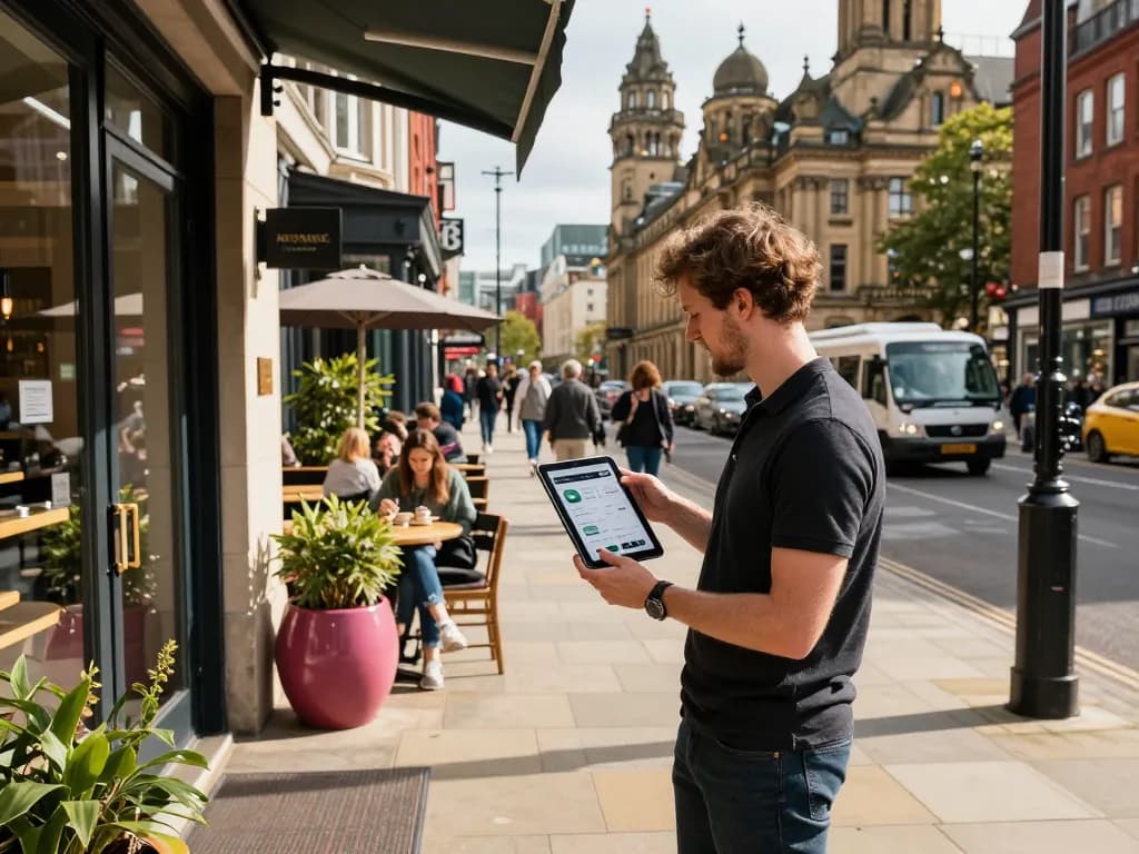 Airbnb management Manchester host Daniel showcasing rental listing outdoors, vibrant city lifestyle.