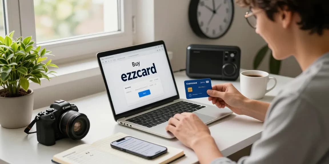 Excited shopper using laptop to Buy ezzocard virtual prepaid cards, showcasing a modern workspace with tech essentials.