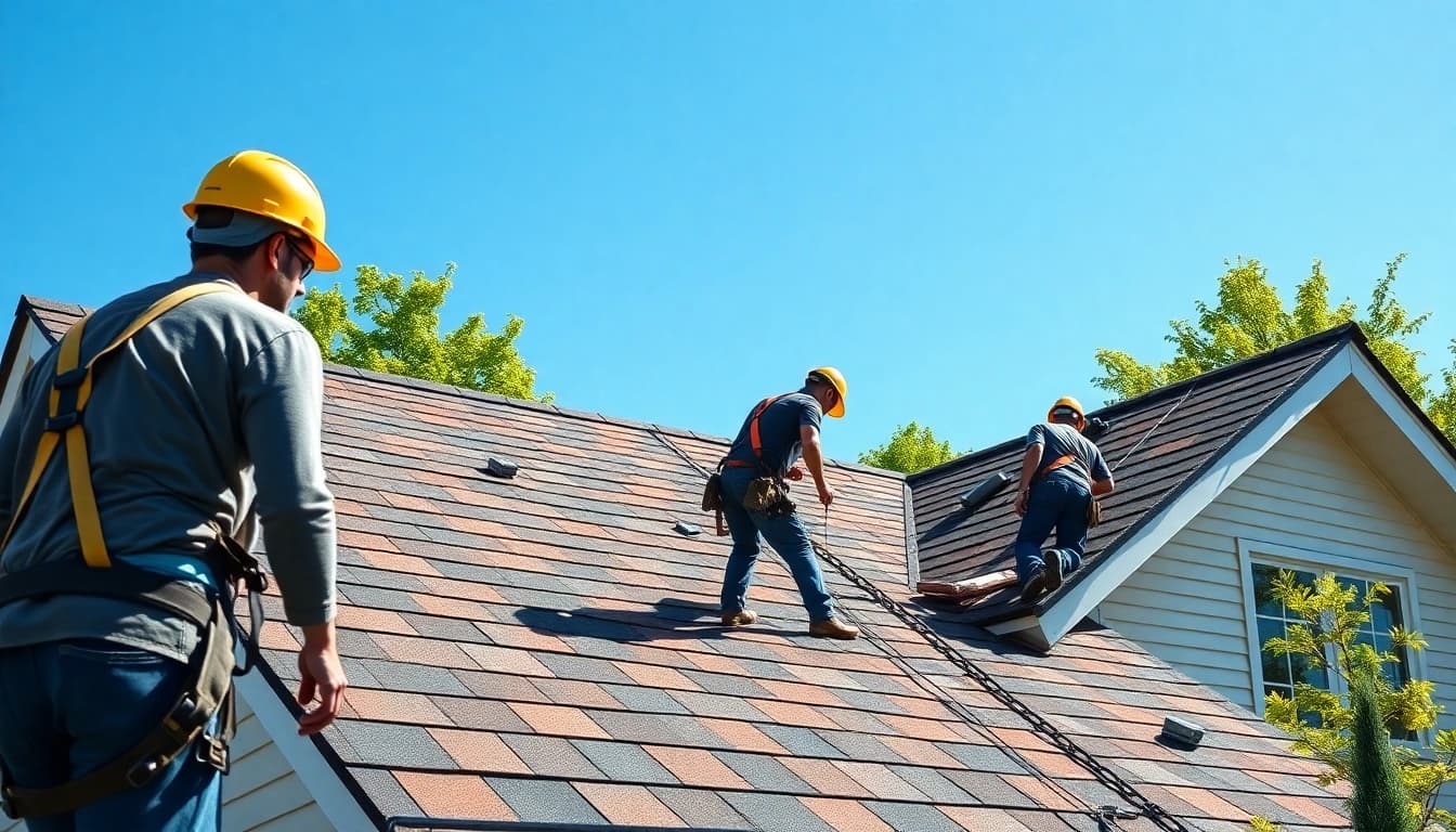 Roofing company team installing shingles on a residential home, showcasing professionalism and teamwork.