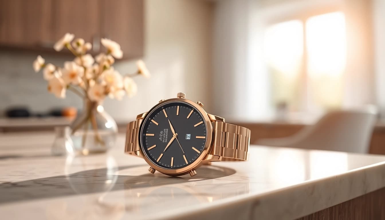 Spotlight on the Ladies Classic Smart Watch featuring a sleek design against a marble backdrop.