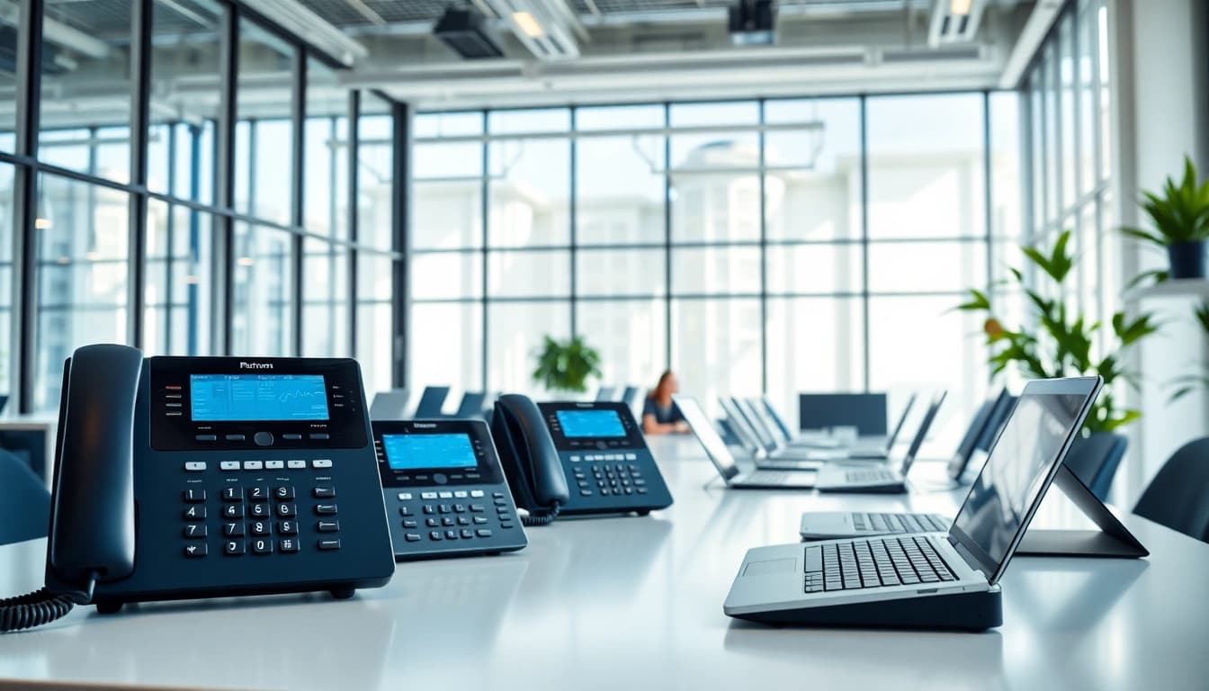Streamlined telephone systems displayed in a modern office, promoting efficient communication.