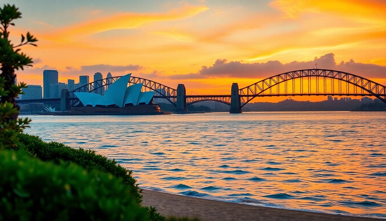 Experience Australia with scenic views of the Sydney Opera House and Harbour Bridge at sunset.