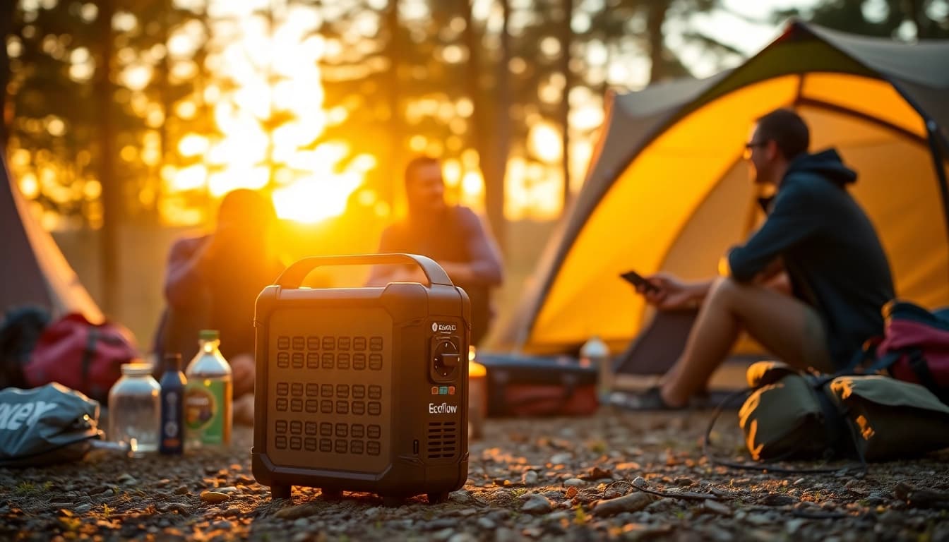 Powering a camping trip with EcoFlow portable power station in a serene outdoor environment.