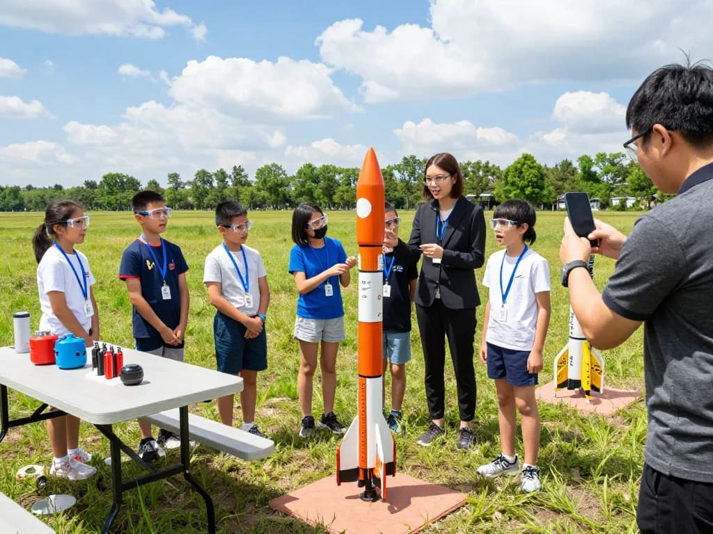 Children launching model rocket engines outdoors during a STEM lesson, enthusiastic engagement with colorful rockets.