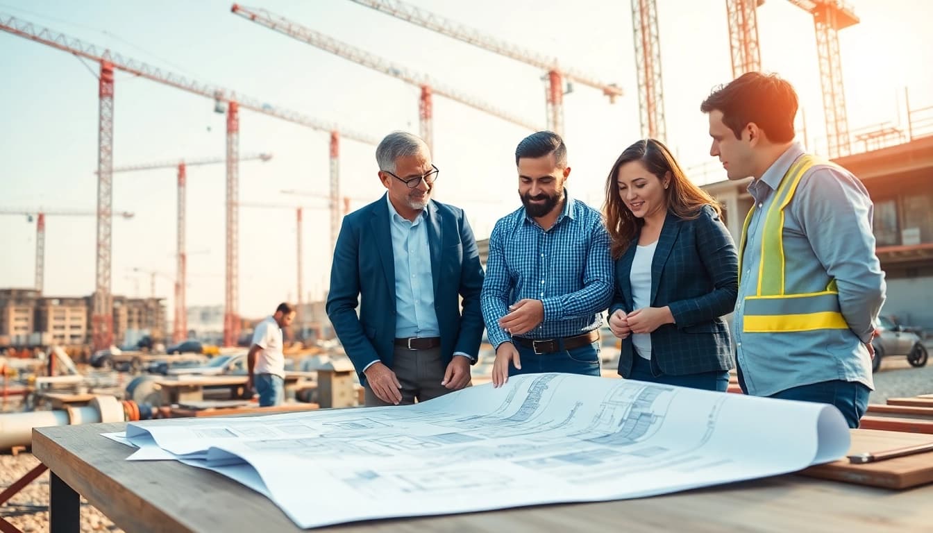 New Jersey Construction Manager leading a team on a vibrant construction site amidst architectural plans.