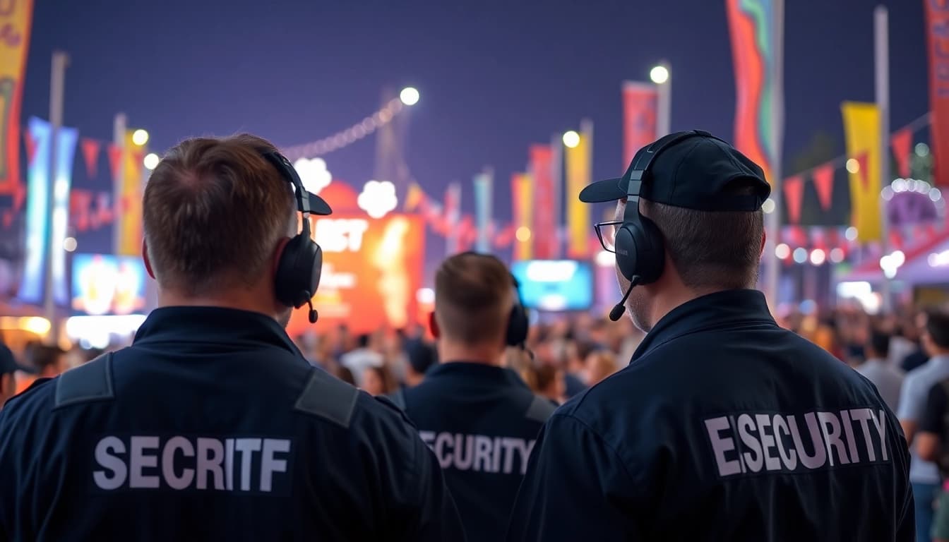 Enhance Event Security with vigilant guards at an outdoor festival, ensuring safety for attendees.