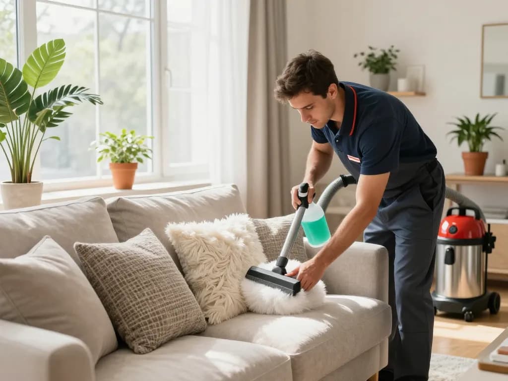 Expert upholstery cleaning in a bright living room, showcasing eco-friendly services for Trades & services blogs.
