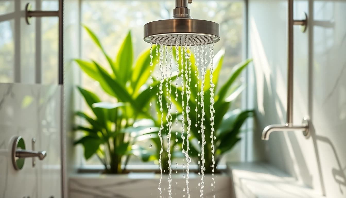 Experience elegant showers in a luxurious bathroom setup with modern features and natural lighting.
