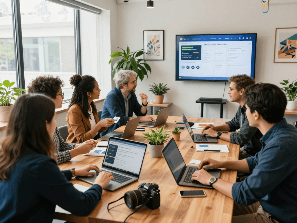 Professionals discussing starrtups and networking in a modern workspace