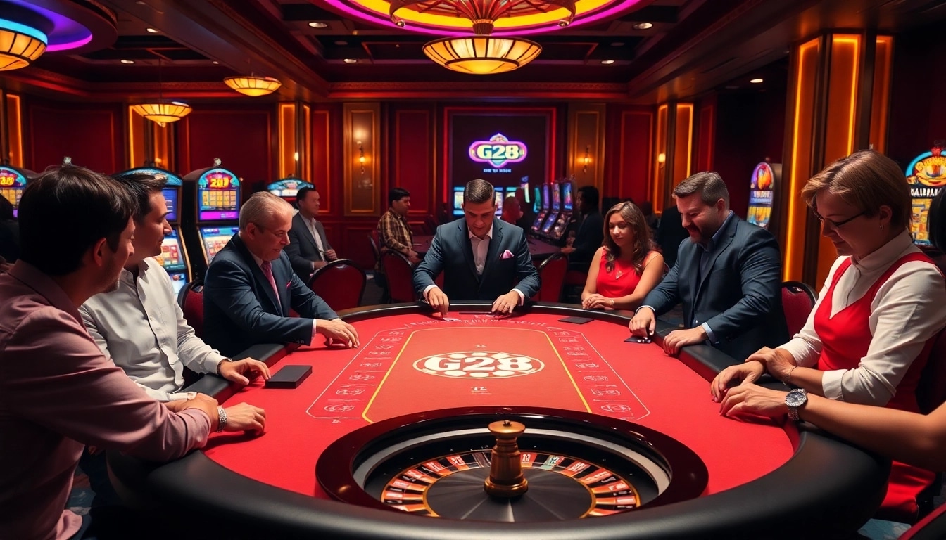 G28 players enjoying an exciting poker game at a luxurious casino table.