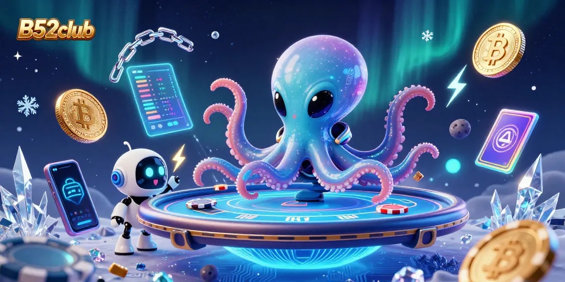 B52club offers thrilling gambling experiences with an alien octopus playing holographic poker.