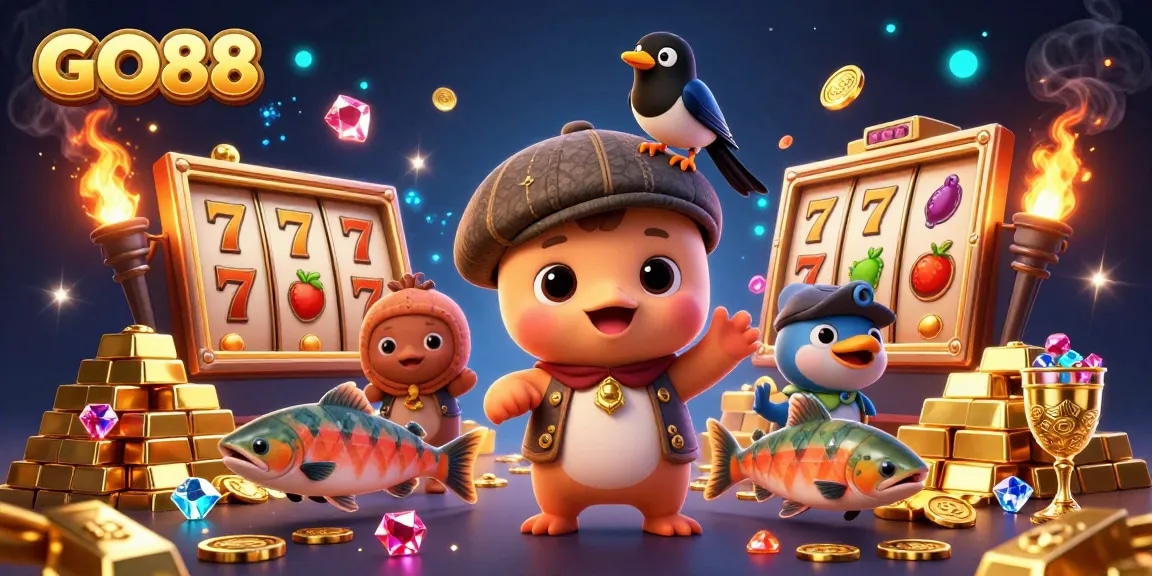 Engage with thrilling slots and jackpots at GO88, featuring playful characters in a vibrant casino scene.