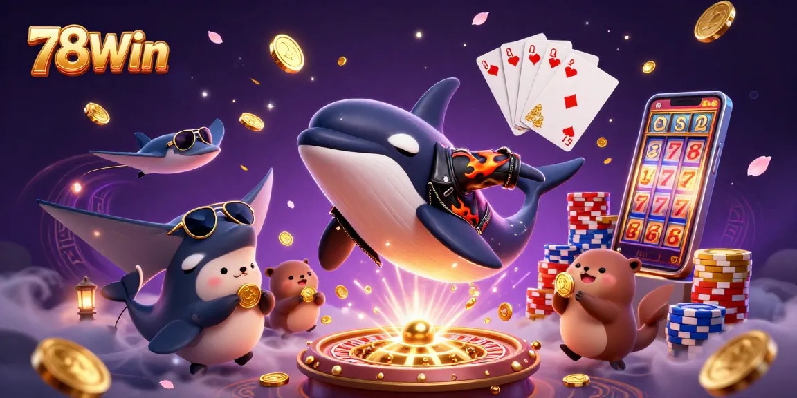 Experience thrilling wins with 78Win's cartoon adventure featuring a jumping orca and treasure-filled otters.