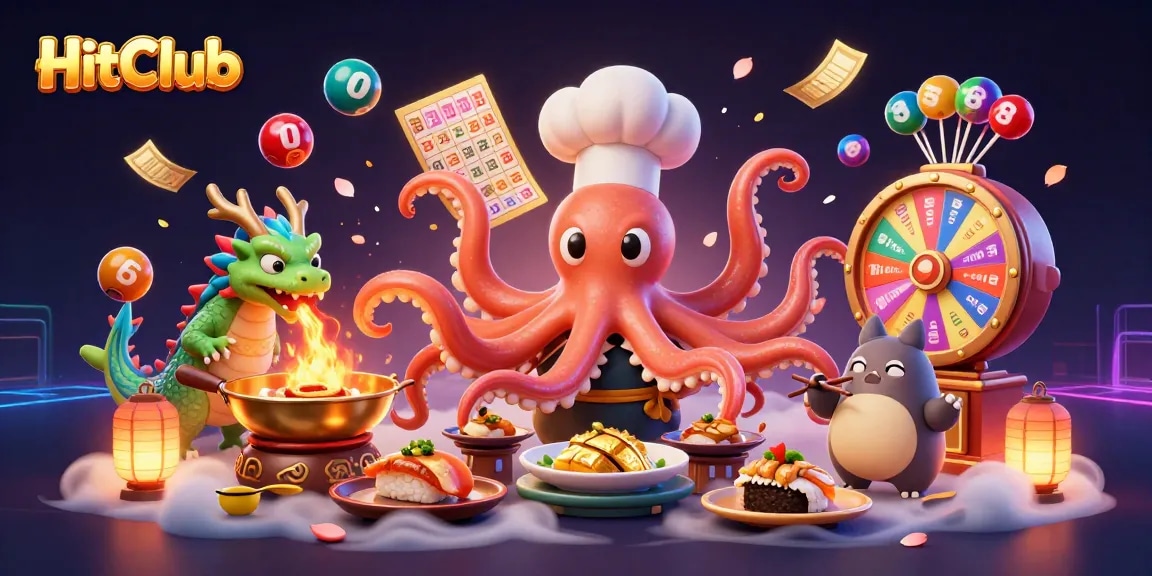 HitClub features a vibrant scene with cartoon characters and colorful lottery elements, perfect for online gaming.